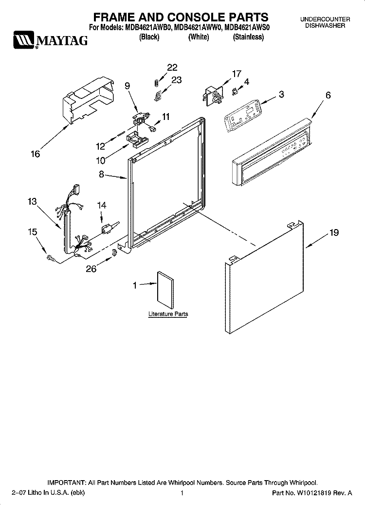 FRAME AND CONSOLE PARTS Diagram and Parts List for MDB4621AWS0  Whirlpool Dishwasher
