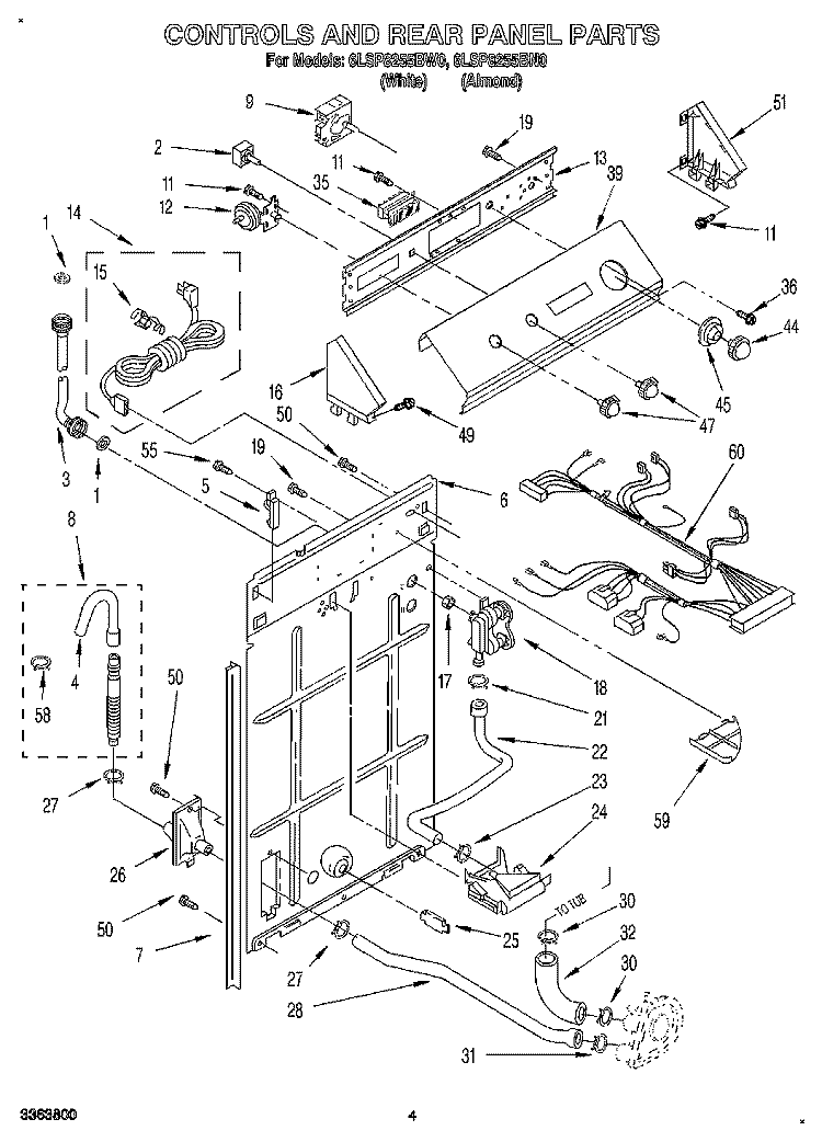 CONTROLS AND REAR PANEL Diagram and Parts List for 6LSP8255BW0  Whirlpool Washer