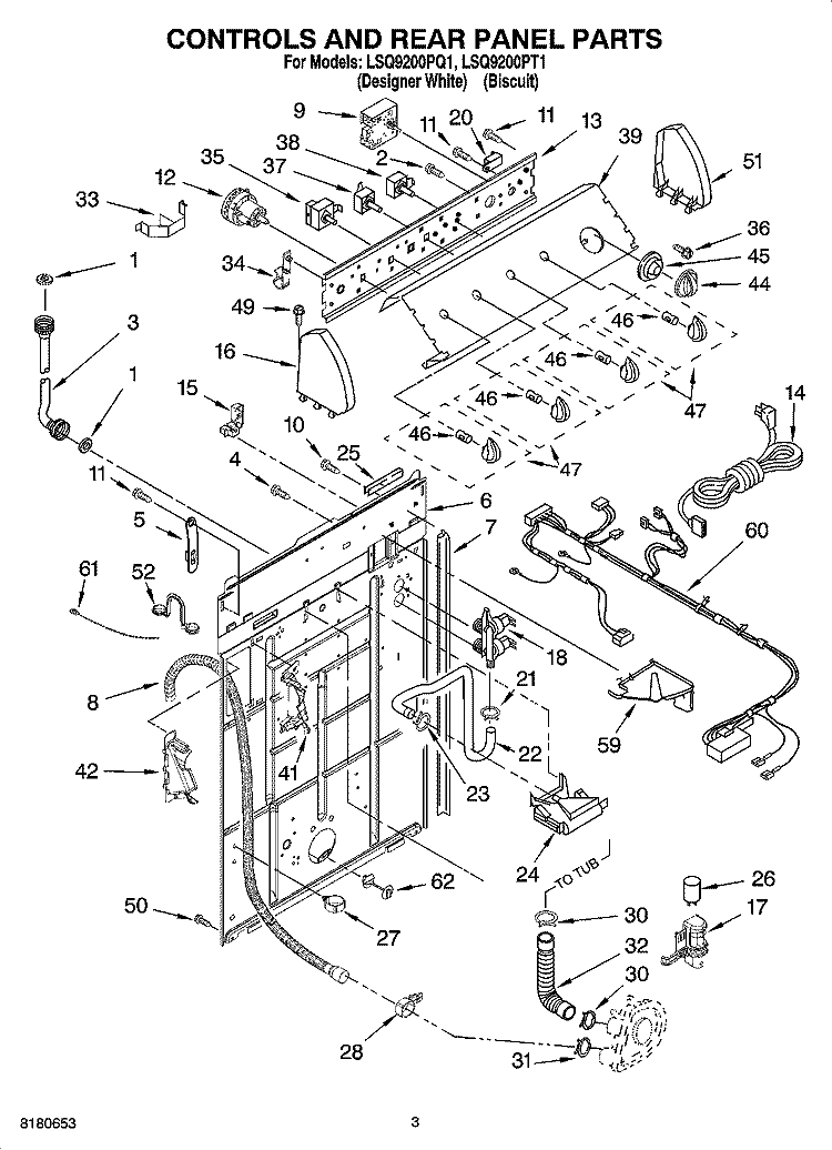 CONTROLS AND REAR PANEL PARTS Diagram and Parts List for LSQ9200PT1  Whirlpool Washer
