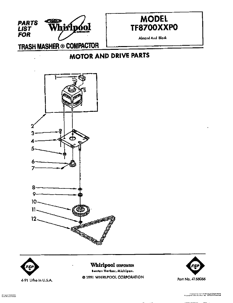 MOTOR AND DRIVE, LIT/OPTIONAL Diagram and Parts List for TF8700XXP0  Whirlpool Trash Compactor