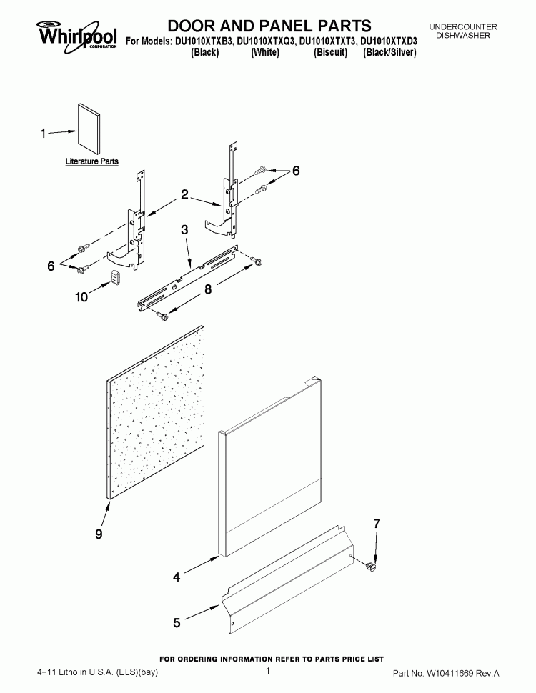 DOOR AND PANEL PARTS Diagram and Parts List for DU1010XTXD3  Whirlpool Dishwasher