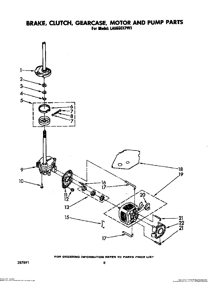 BRAKE, CLUTCH, GEARCASE, MOTOR AND PUMP Diagram and Parts List for LA5550XPW1  Whirlpool Washer