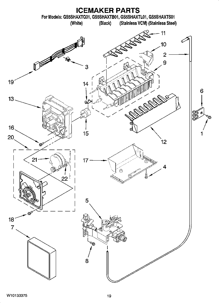 ICEMAKER PARTS, OPTIONAL PARTS (NOT INCLUDED) Diagram and Parts List for GS5SHAXTL01  Whirlpool Refrigerator