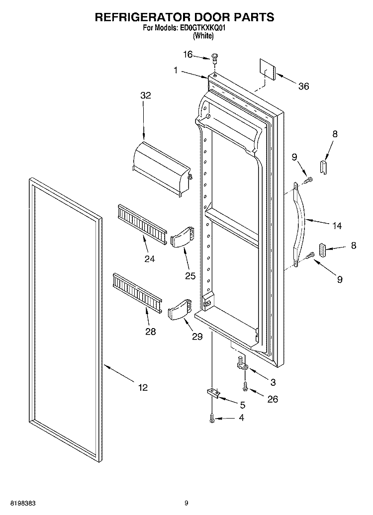 REFRIGERATOR DOOR Diagram and Parts List for ED0GTKXKQ01  Whirlpool Refrigerator