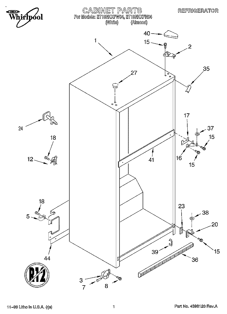 CABINET Diagram and Parts List for ET18NKXFN04  Whirlpool Refrigerator