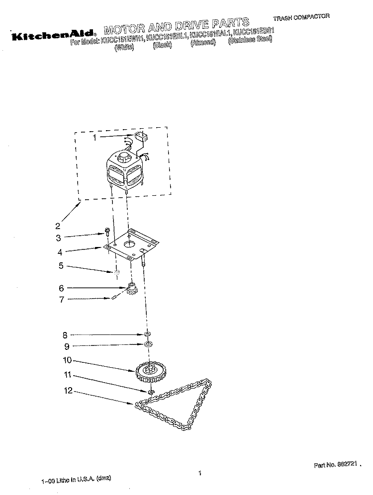 MOTOR AND DRIVE, LITERATURE Diagram and Parts List for KUCC151EBS1  KitchenAid Trash Compactor