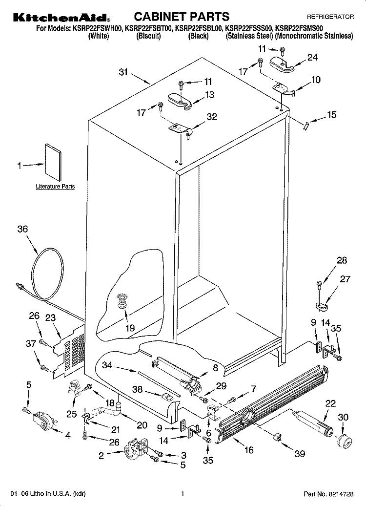 CABINET PARTS Diagram and Parts List for KSRP22FSSS00  KitchenAid Refrigerator