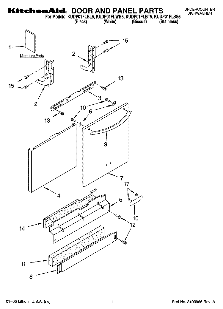 DOOR AND PANEL PARTS Diagram and Parts List for KUDP01FLBL5  KitchenAid Dishwasher