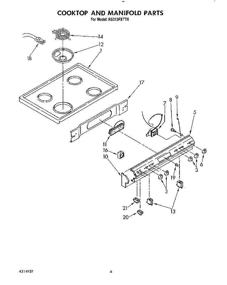 COOKTOP AND MANIFOLD Diagram and Parts List for RS313PXTT0  Whirlpool Range