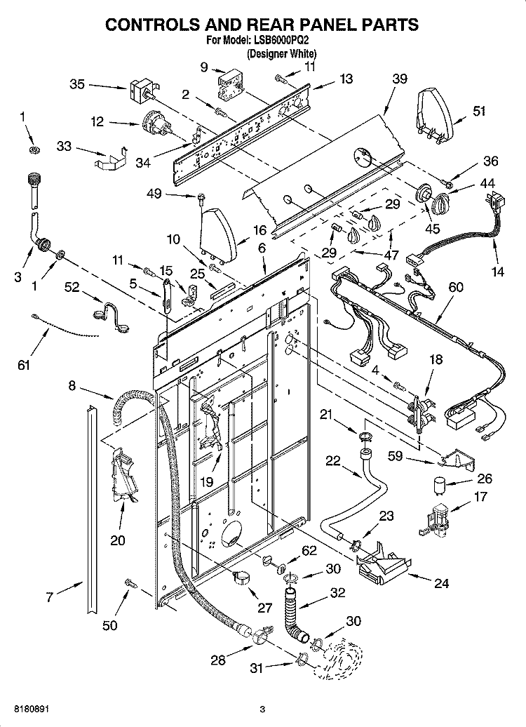 CONTROLS AND REAR PANEL PARTS Diagram and Parts List for LSB6000PQ2  Whirlpool Washer