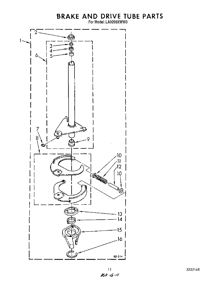 BRAKE AND DRIVE TUBE Diagram and Parts List for LA9200XWW0  Whirlpool Washer