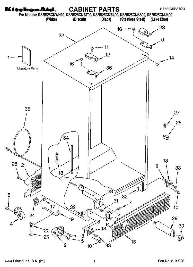 CABINET PARTS Diagram and Parts List for KSRS25CNLK00  KitchenAid Refrigerator