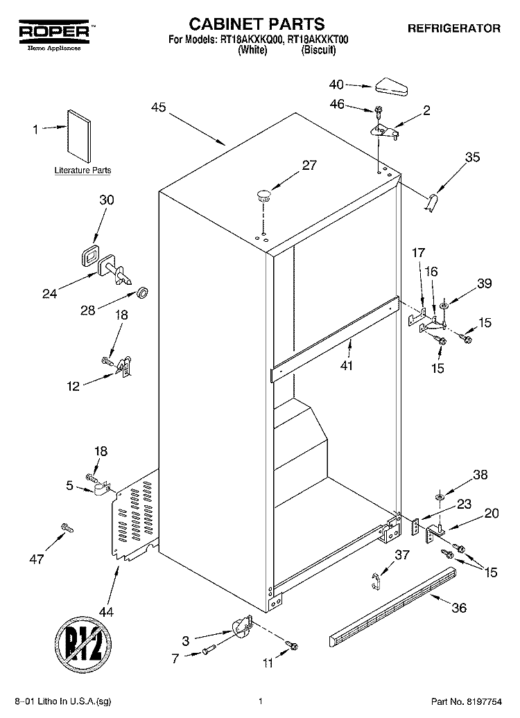 CABINET, LITERATURE Diagram and Parts List for RT18AKXKQ00  Roper Refrigerator