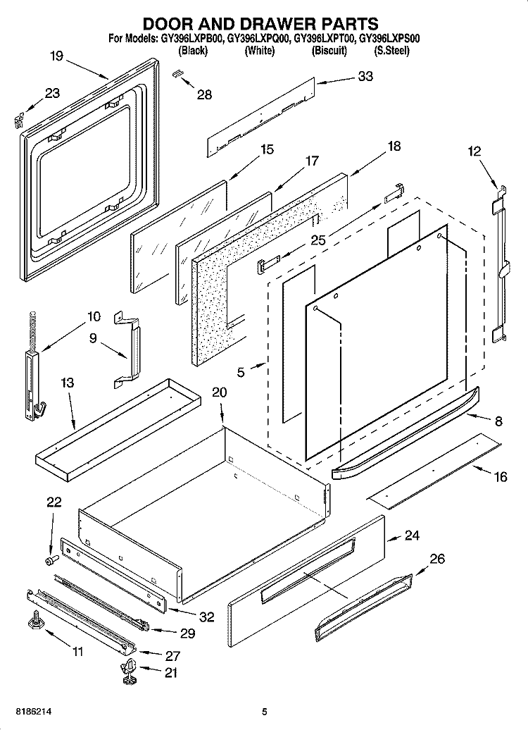 DOOR AND DRAWER PARTS Diagram and Parts List for GY396LXPS00  Whirlpool Range
