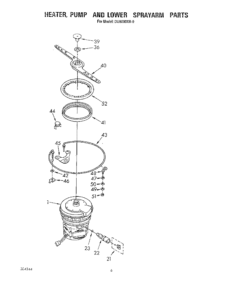 HEATER, PUMP, AND LOWER SPRAYARM Diagram and Parts List for DU8000XR0  Whirlpool Dishwasher
