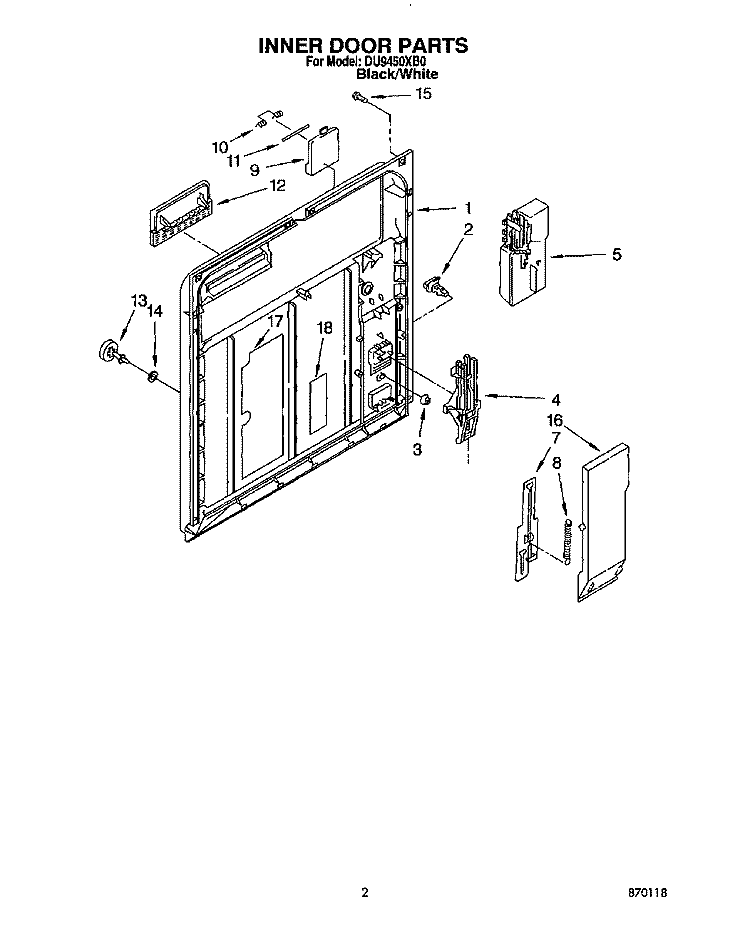 INNER DOOR Diagram and Parts List for DU9450XB0  Whirlpool Dishwasher