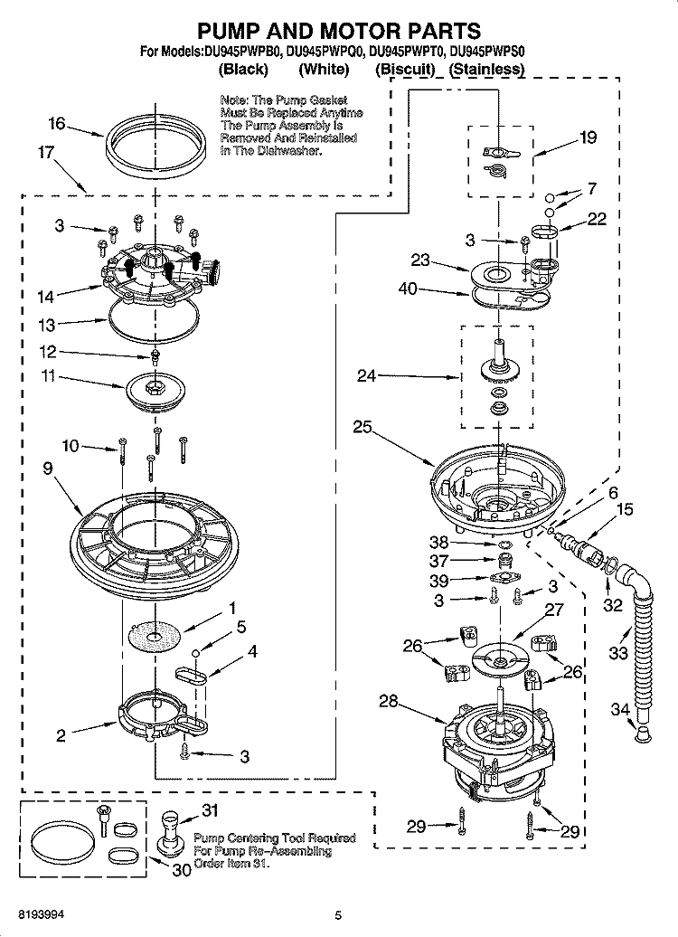 PUMP AND MOTOR PARTS Diagram and Parts List for DU945PWPQ0  Whirlpool Dishwasher