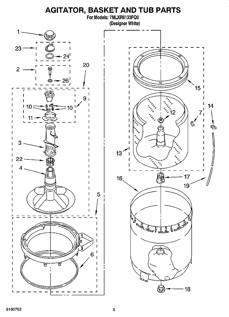 AGITATOR, BASKET AND TUB PARTS Diagram and Parts List for 7MLXR6133PQ0  Whirlpool Washer