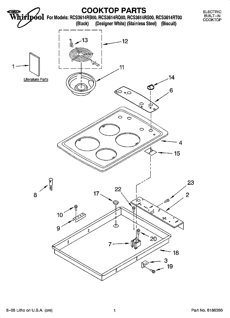 COOKTOP PARTS Diagram and Parts List for RCS3614RQ00  Whirlpool Cooktop