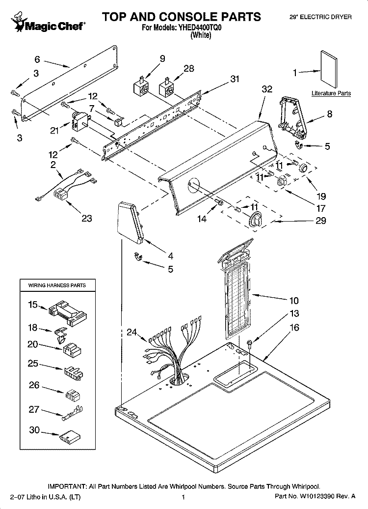 TOP AND CONSOLE PARTS Diagram and Parts List for YHED4400TQ0  Magic Chef Dryer