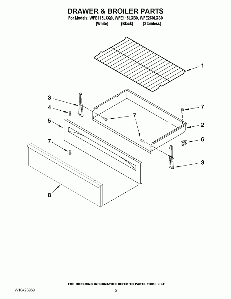 DRAWER & BROILER PARTS Diagram and Parts List for WFE115LXB0  Whirlpool Range