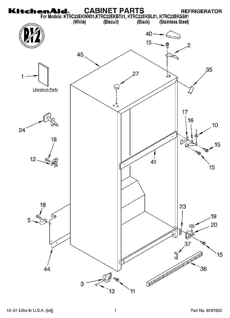 CABINET, LITERATURE Diagram and Parts List for KTRC22EKWH01  KitchenAid Refrigerator