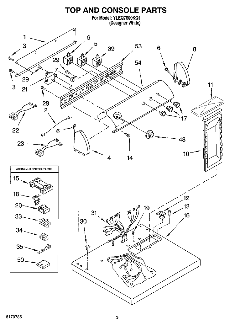TOP AND CONSOLE PARTS Diagram and Parts List for YLEQ7000KQ1  Whirlpool Dryer