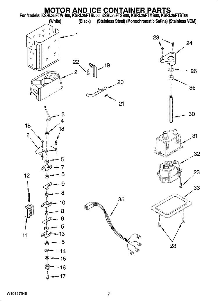 MOTOR AND ICE CONTAINER PARTS Diagram and Parts List for KSRL25FTST00  KitchenAid Refrigerator