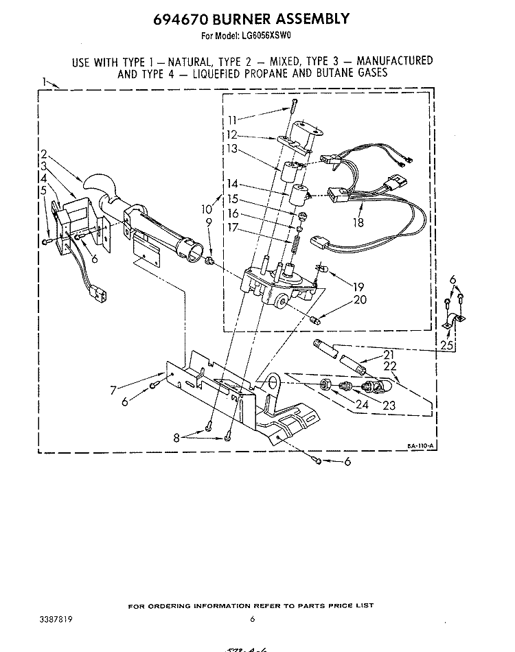 694670 BURNER Diagram and Parts List for LG6056XSW0  Whirlpool Dryer