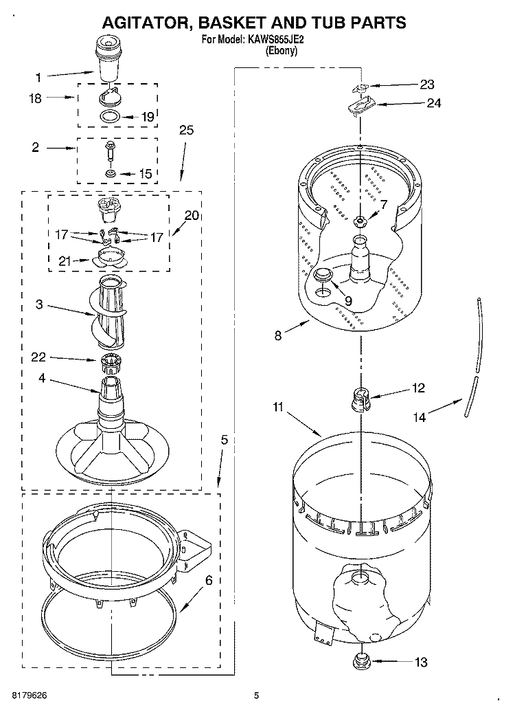 AGITATOR, BASKET AND TUB Diagram and Parts List for KAWS855JE2  KitchenAid Washer