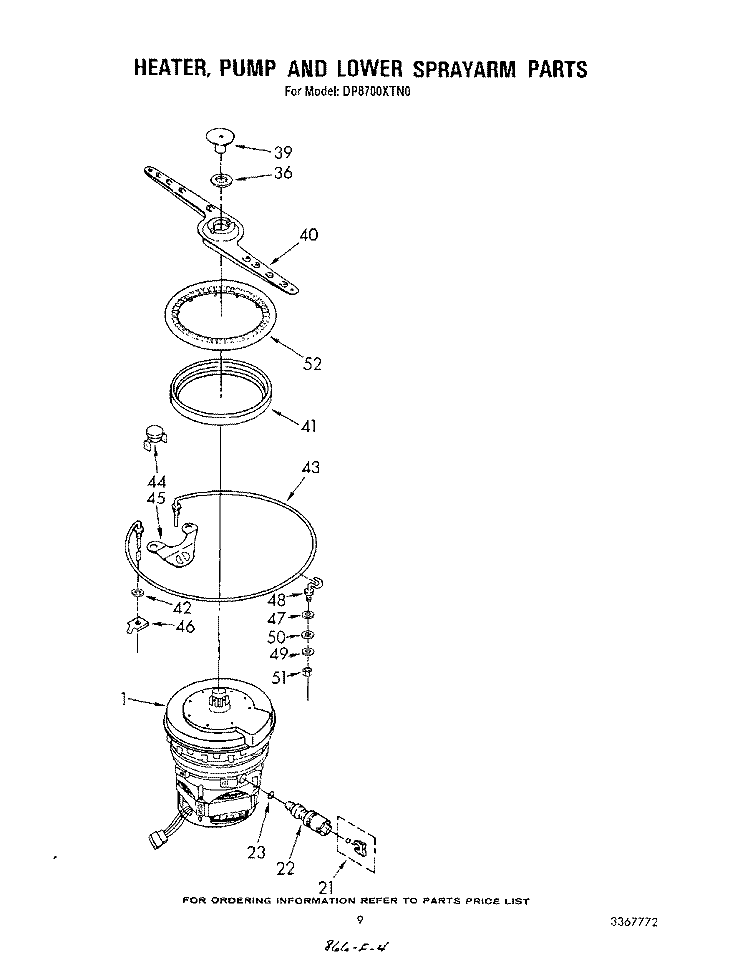 HEATER, PUMP, AND LOWER SPRAY ARM Diagram and Parts List for DP8700XTN0  Whirlpool Dishwasher