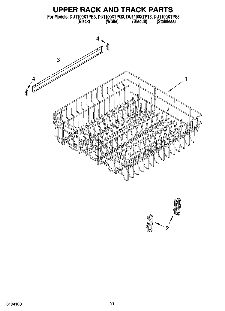 UPPER RACK AND TRACK PARTS Diagram and Parts List for DU1100XTPB3  Whirlpool Dishwasher