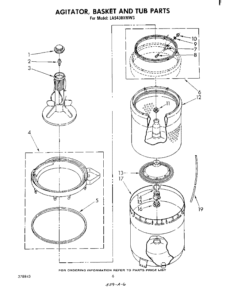 AGITATOR, BASKET AND TUB Diagram and Parts List for LA5430XMW3  Whirlpool Washer