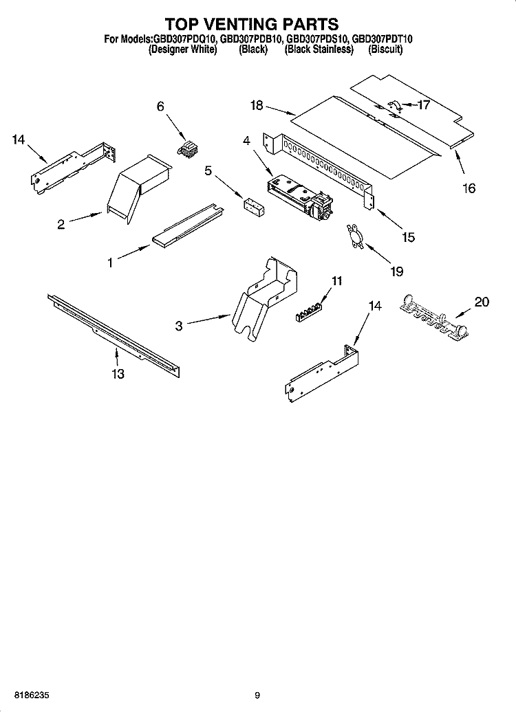 TOP VENTING PARTS, OPTIONAL PARTS Diagram and Parts List for GBD307PDS10  Whirlpool Wall Oven