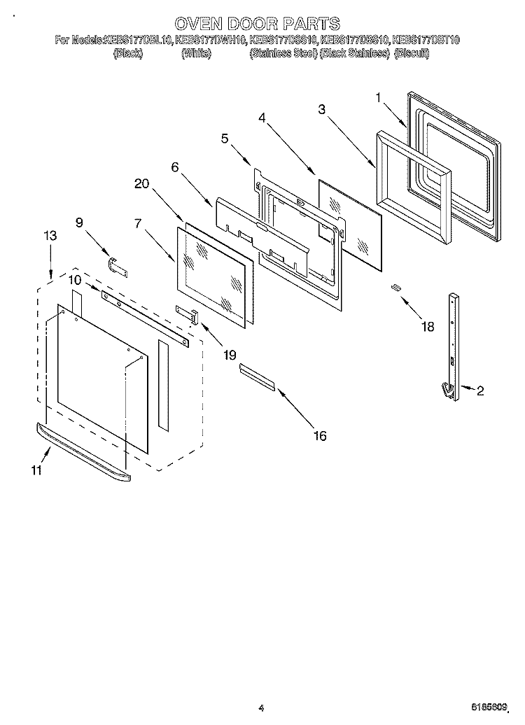 OVEN DOOR Diagram and Parts List for KEBS177DSS10  KitchenAid Wall Oven