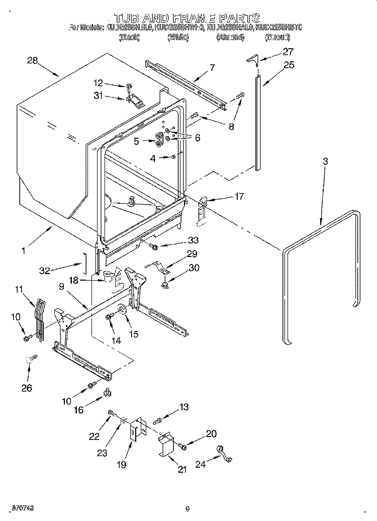 TUB AND FRAME Diagram and Parts List for KUDG25SHAL0  KitchenAid Dishwasher