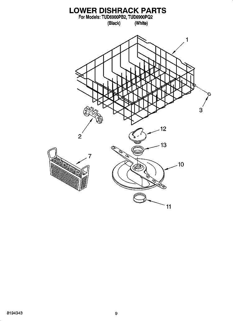 LOWER DISHRACK PARTS, OPTIONAL PARTS (NOT INCLUDED) Diagram and Parts List for TUD6900PB2  Estate Dishwasher
