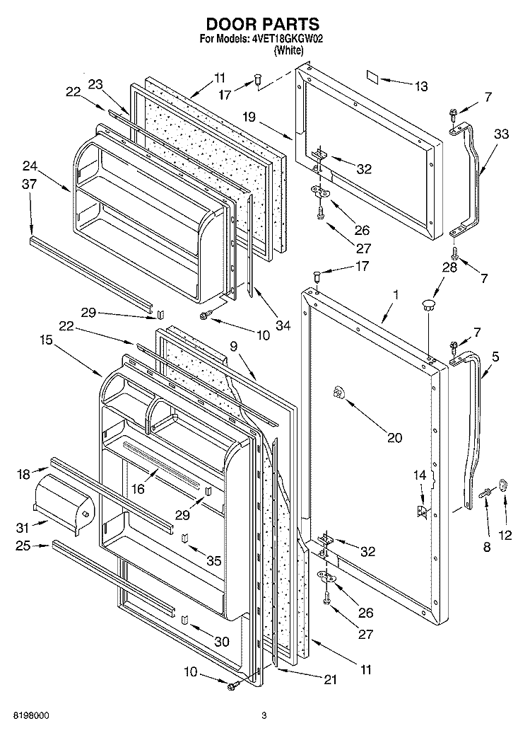 DOOR Diagram and Parts List for 4VET18GKGW02  Whirlpool Refrigerator