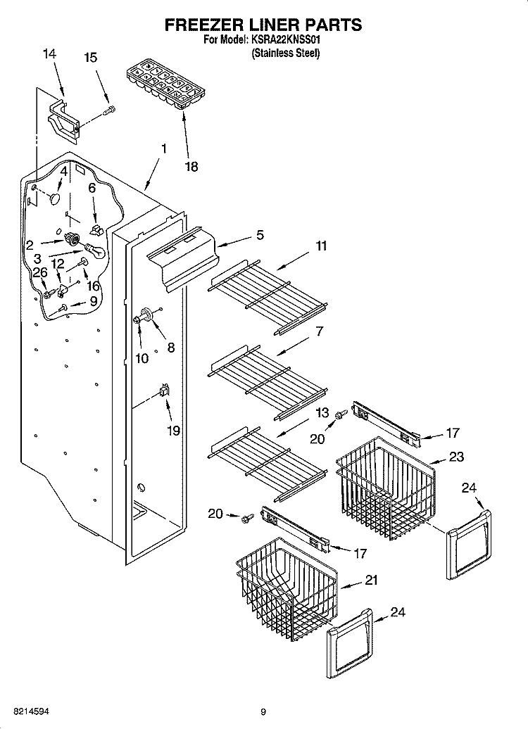 FREEZER LINER PARTS Diagram and Parts List for KSRA22KNSS01  KitchenAid Refrigerator