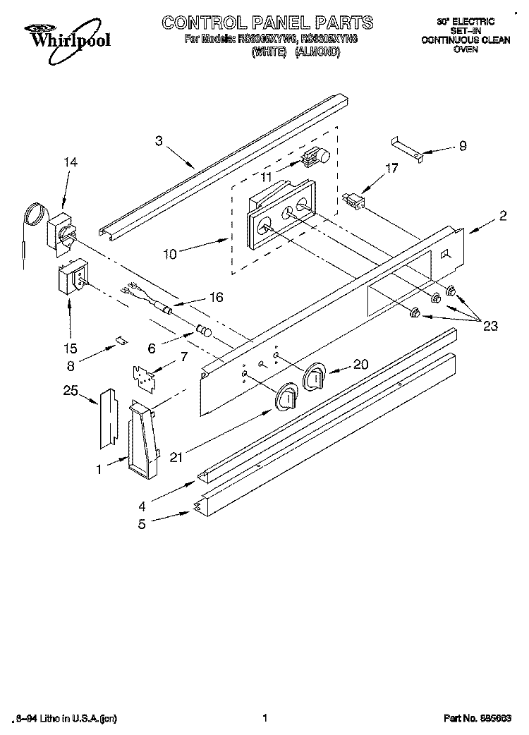 CONTROL PANEL, LITERATURE Diagram and Parts List for RS6305XYN6  Whirlpool Range