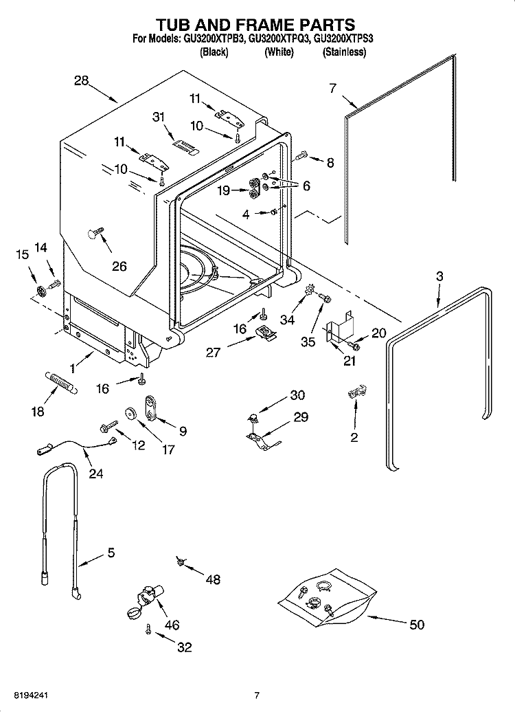 TUB AND FRAME PARTS Diagram and Parts List for GU3200XTPS3  Whirlpool Dishwasher