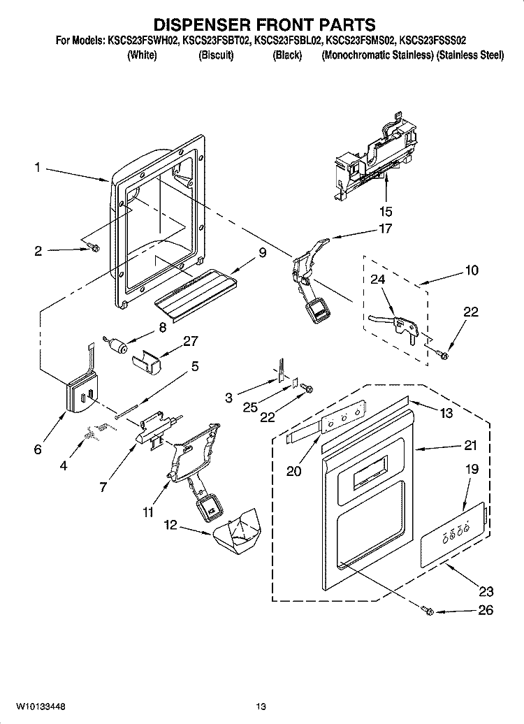 DISPENSER FRONT PARTS Diagram and Parts List for KSCS23FSBL02  KitchenAid Refrigerator