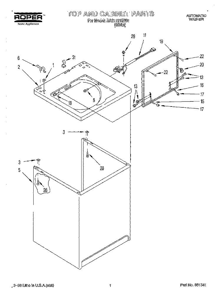 TOP AND CABINET Diagram and Parts List for RAS1121EW0  Roper Washer