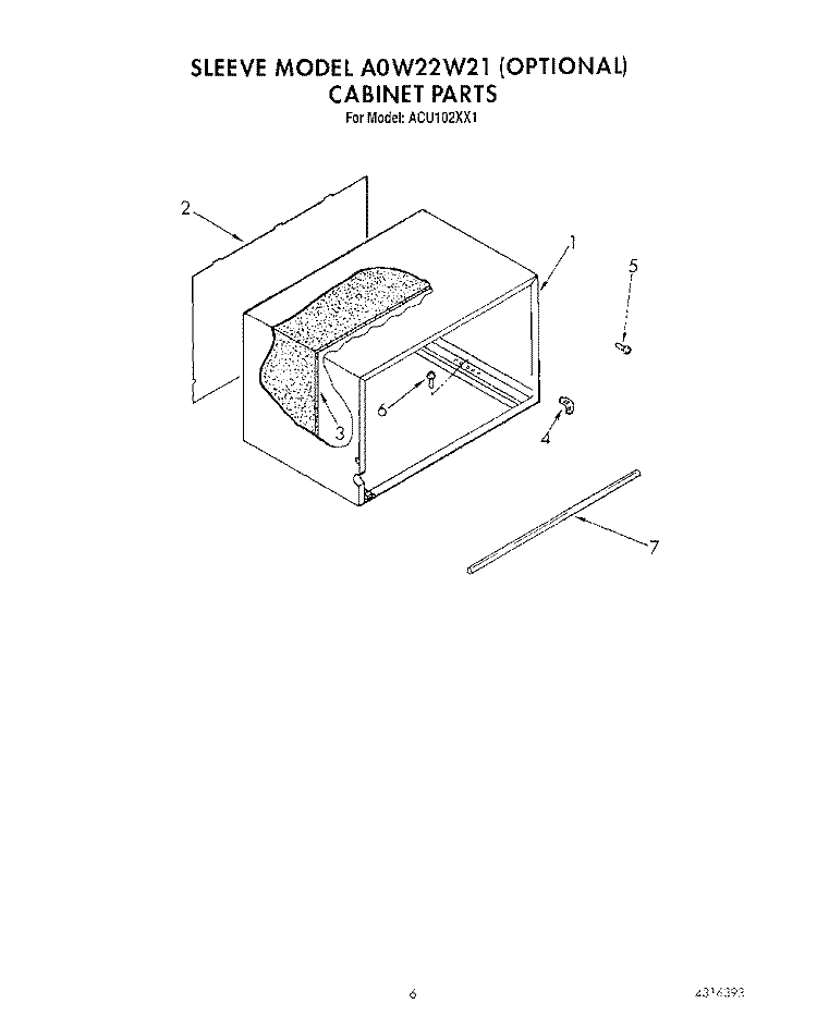 SLEEVE MODEL A0W22W21 (OPT.) Diagram and Parts List for ACU102XX1  Whirlpool Air Conditioner