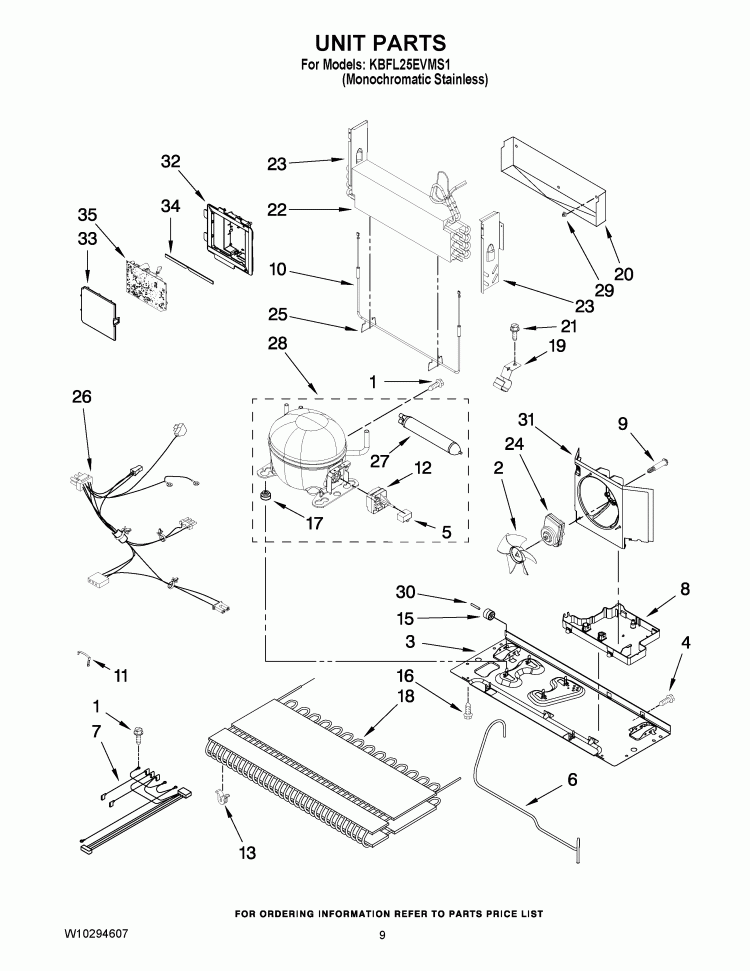 UNIT PARTS Diagram and Parts List for KBFL25EVMS1  KitchenAid Refrigerator