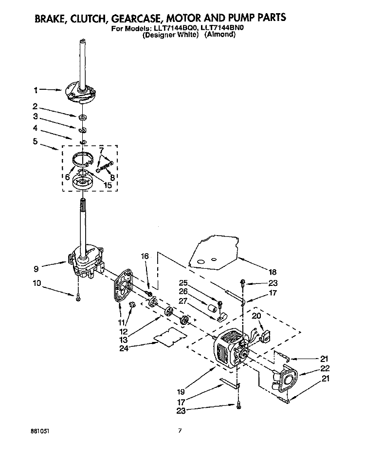 BRAKE, CLUTCH, GEARCASE, MOTOR & PUMP Diagram and Parts List for LLT7144BN0  Whirlpool Washer