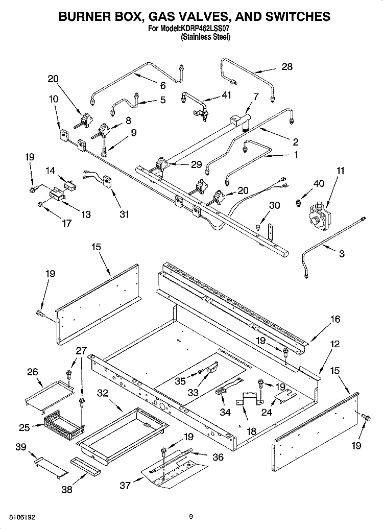 BURNER BOX, GAS VALVES, AND SWITCHES Diagram and Parts List for KDRP462LSS07  KitchenAid Range