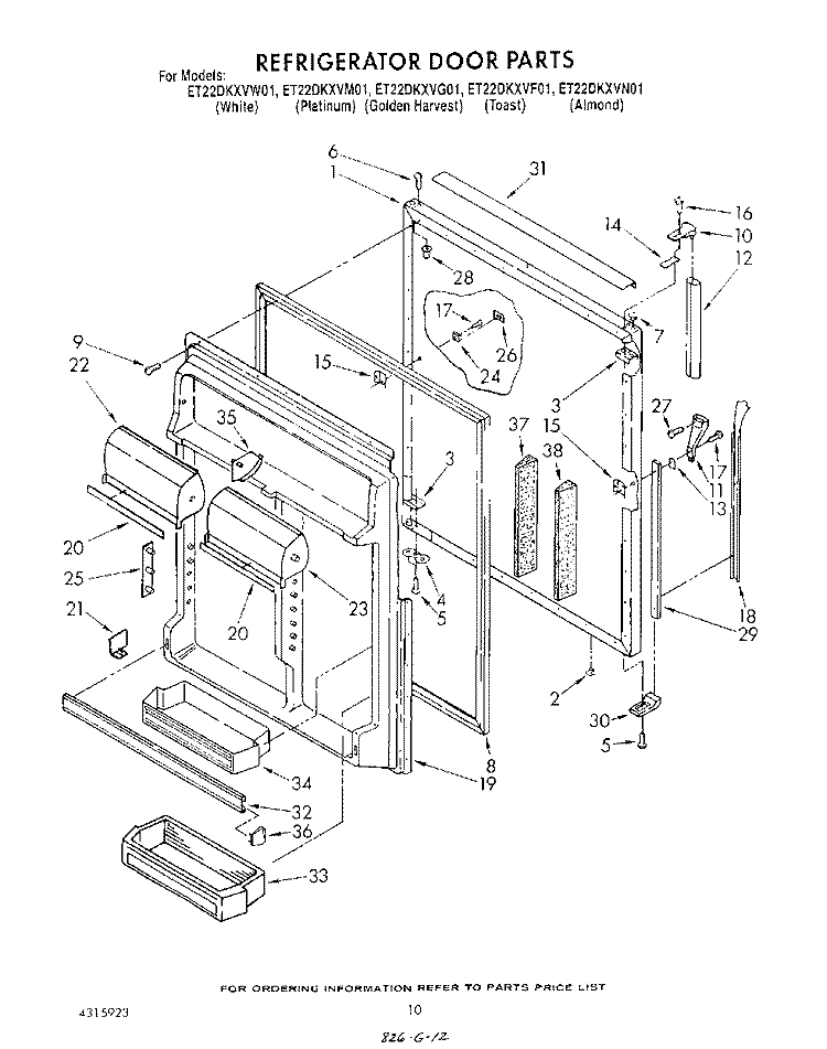REFRIGERATOR DOOR Diagram and Parts List for ET22DKXVM01  Whirlpool Refrigerator