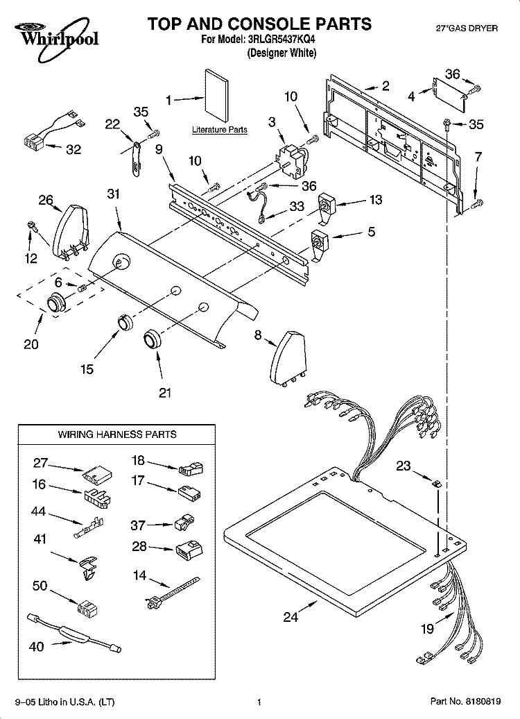 TOP AND CONSOLE PARTS Diagram and Parts List for 3RLGR5437KQ4  Whirlpool Dryer