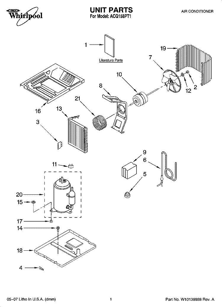 UNIT PARTS Diagram and Parts List for ACQ158PT1  Whirlpool Air Conditioner